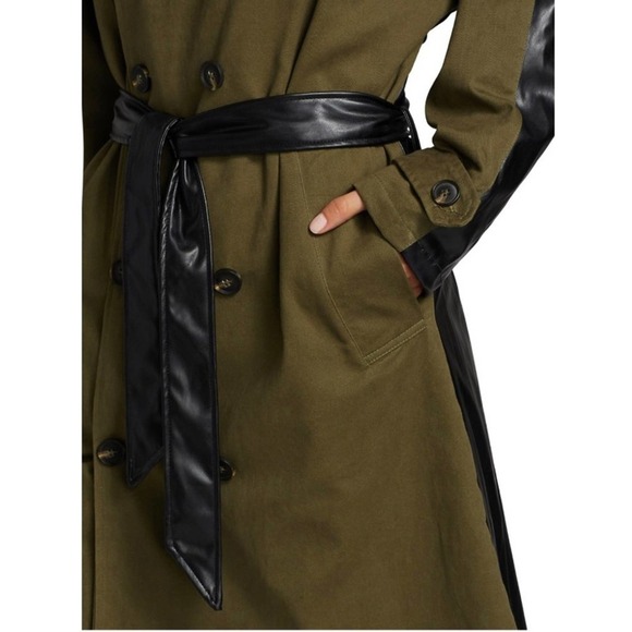 NWT NSF Gladys Contrast Belted Trench Coat Faux Leather Back in Olive Green Sz 2 - Picture 7 of 14